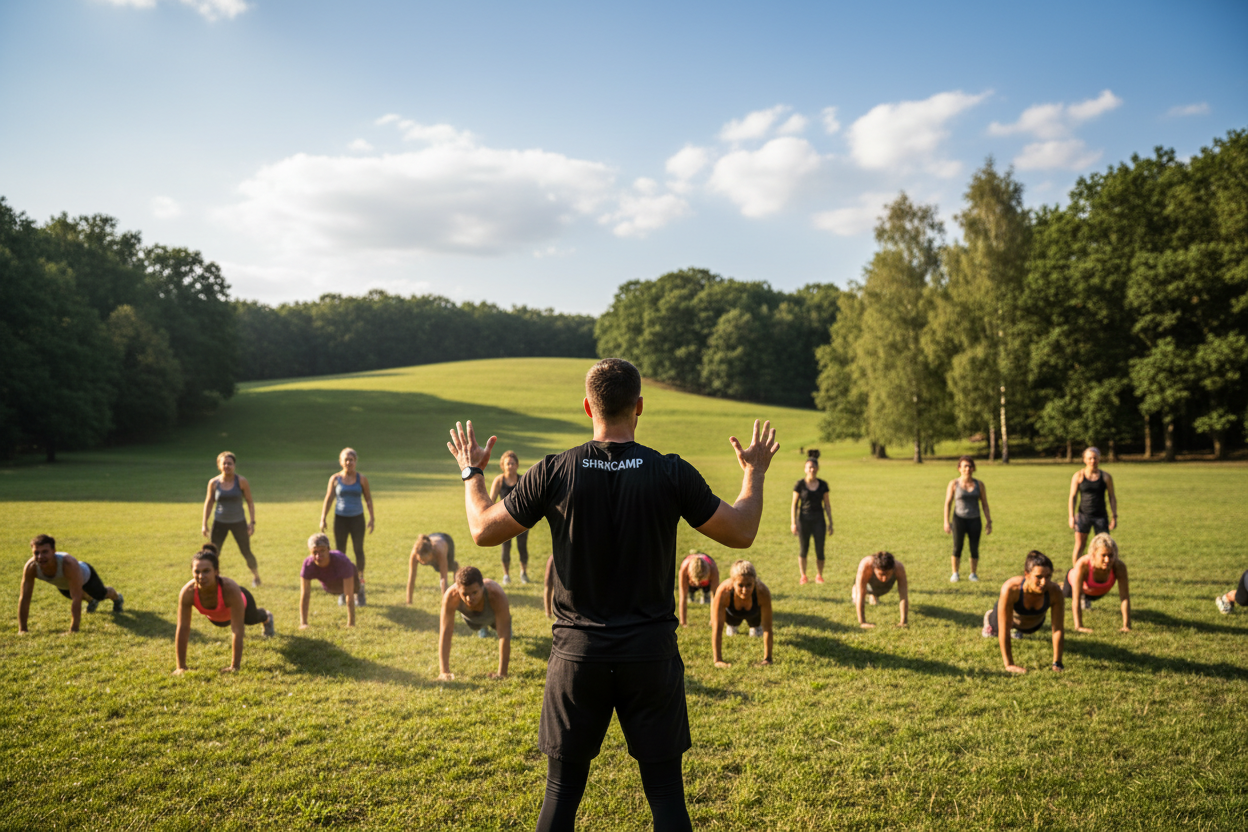 Der Trainer soll mit dem Rücken zur Kamera und hin zur gruppe schauen, sein Tshirt soll schwarz sein und SHRKCAMP soll hinten klein drauf stehen