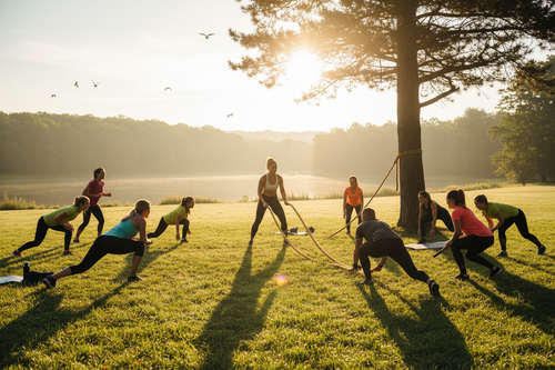Gruppe von Leuten die Outdoor an der fischen Luft trainieren